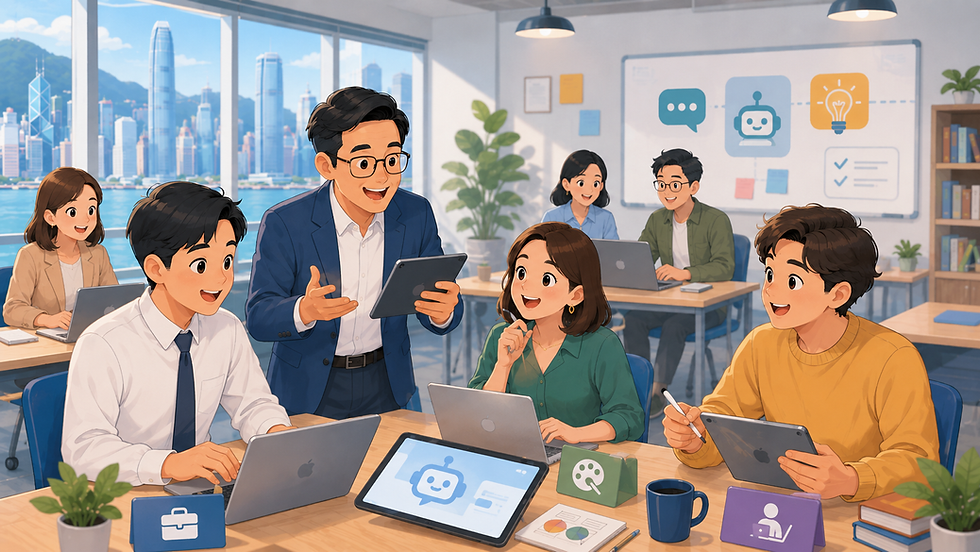 香港AI培訓學院ChatGPT課程香港示意圖,展示零基礎學員學習AI基礎應用與實戰班的職場應用場景