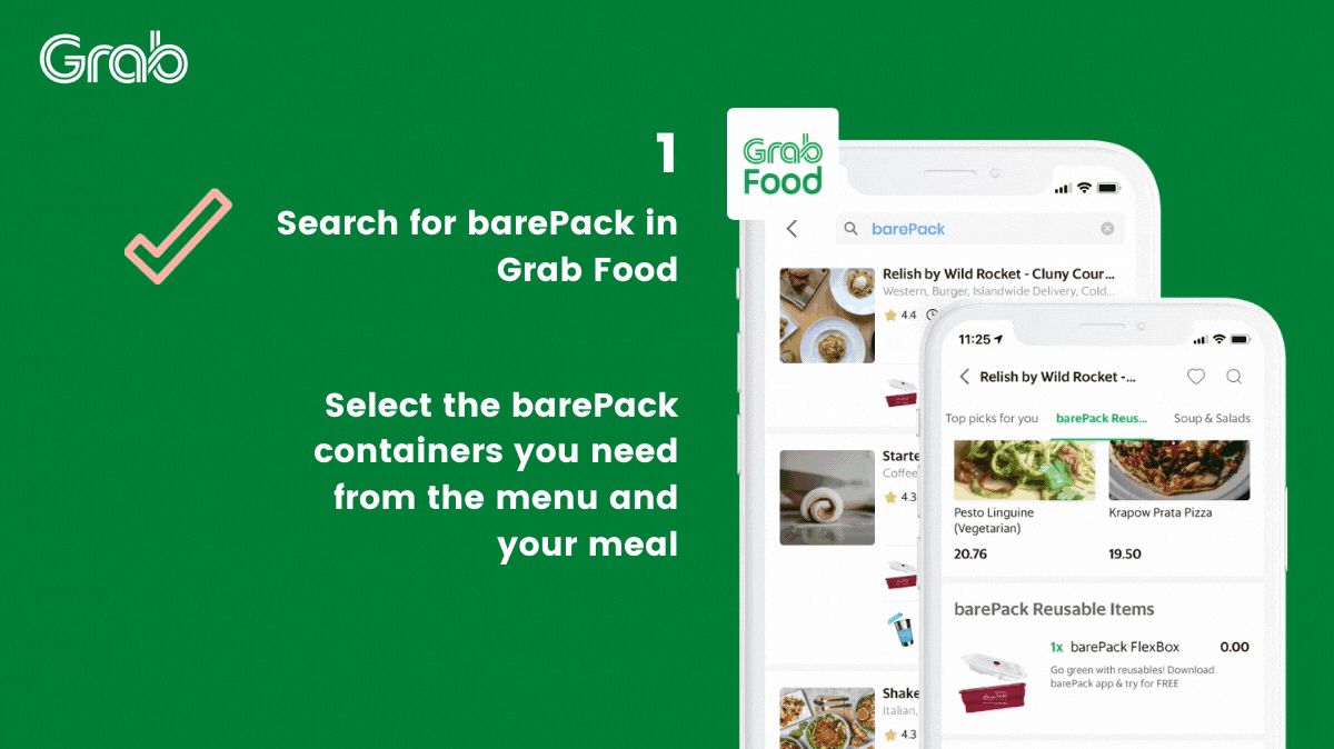 how to order GrabFood food delivery using the barePack App reusables service step 1
