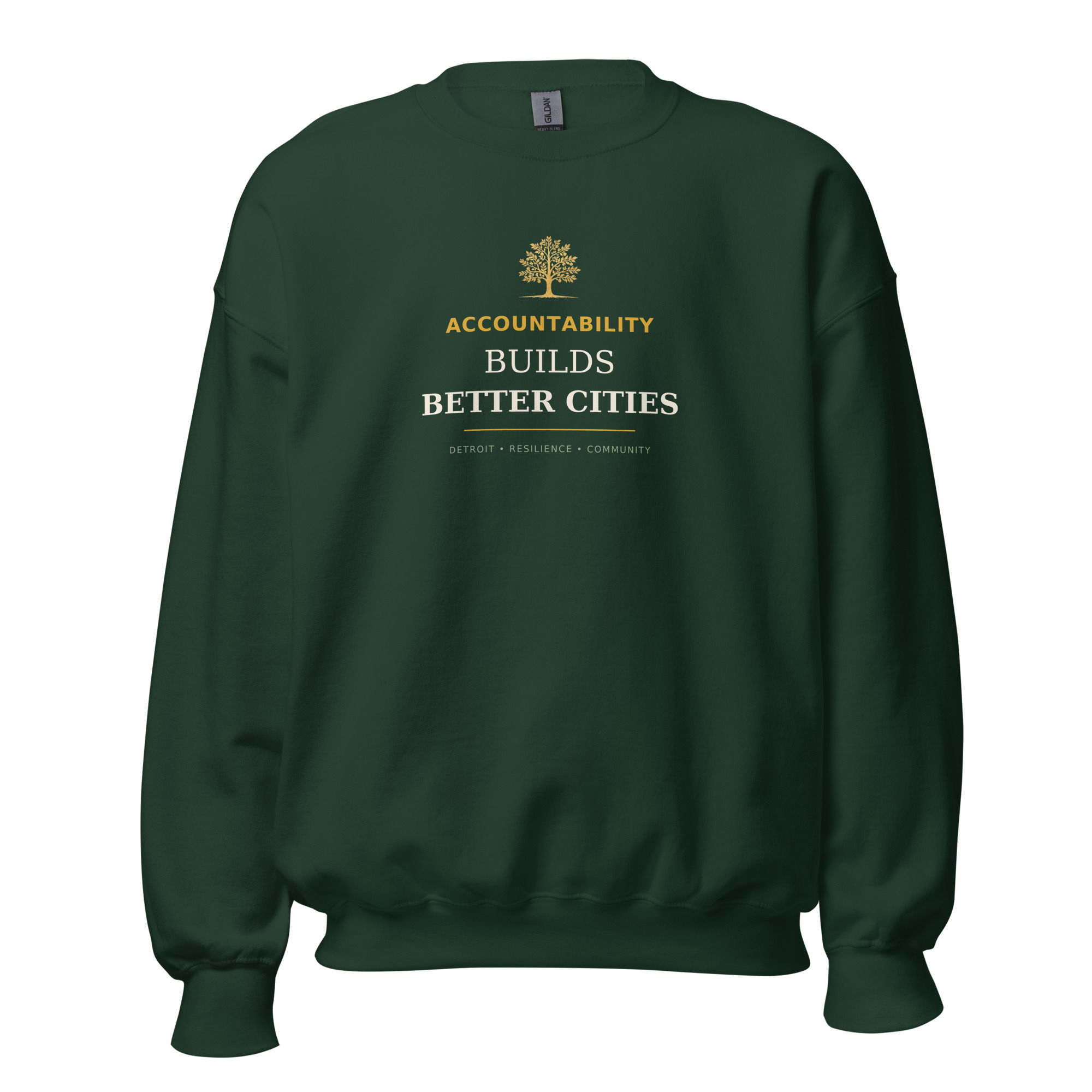 Accountability Builds Better Cities DFC crewneck, forest green front view