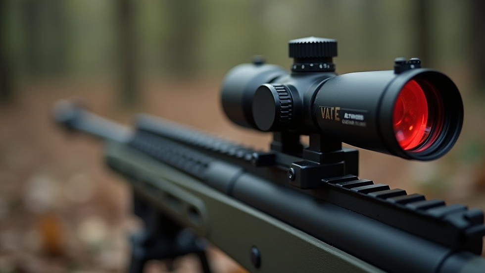 Close-up view of a red dot sight on a rifle