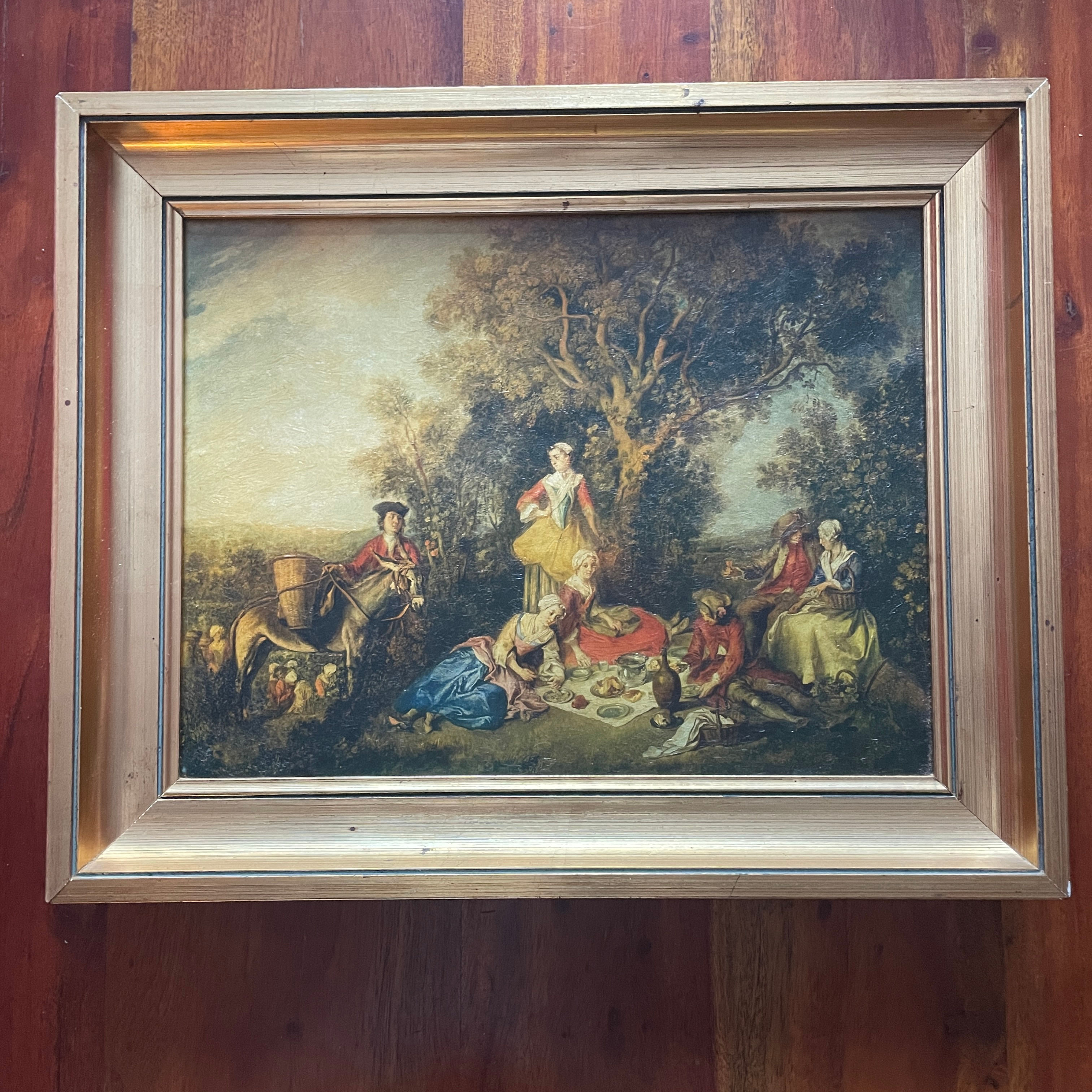 Tableau romantique, cadre bois doré, huile sur toile.