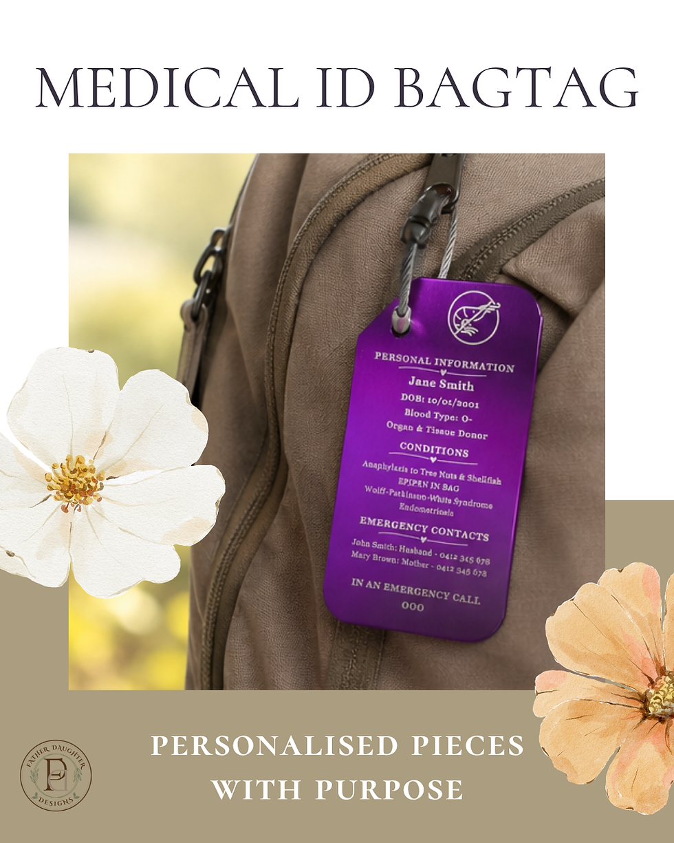 Personalised medical ID bag tag attached to a backpack displaying emergency medical information.