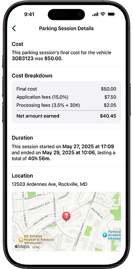 iPhone screenshot of a parking session's details, viewed by the host