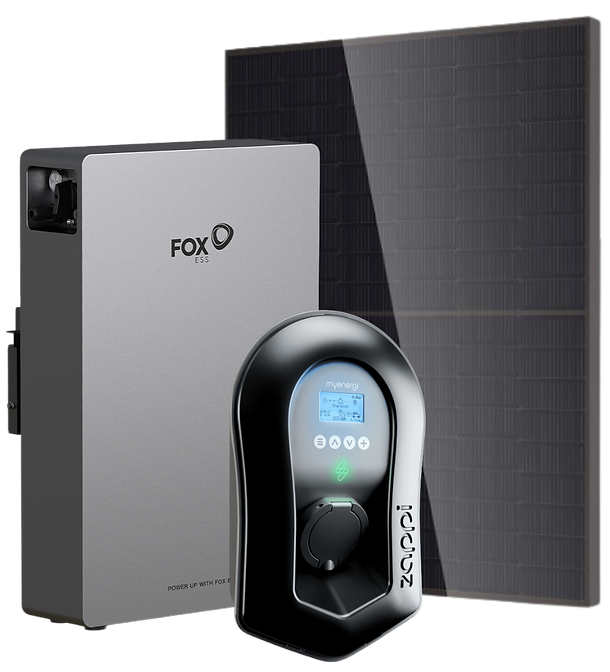 A photo of a FoxESS battery, a Myenergi Zappi car charger and an all black sleek solar panel