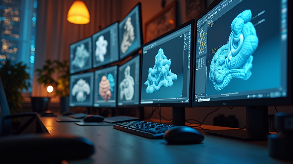 Eye-level view of a computer workstation with multiple screens showing 3D modeling software