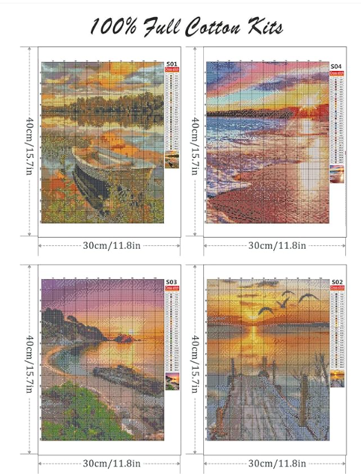 LWZAYS 4 Pack Cross Stitch Kits-Stamped Cross Stitch Kits for Adults Landscape 1