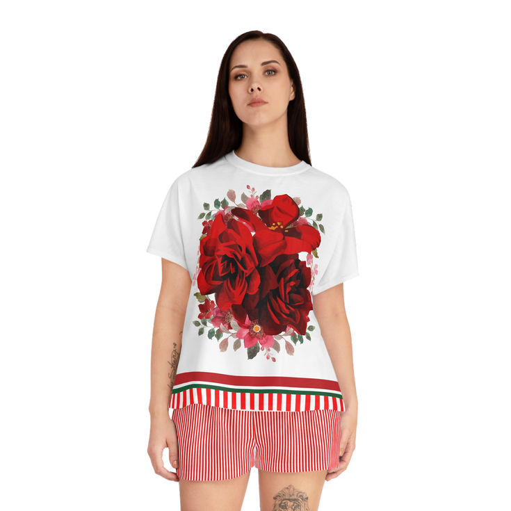 Floral Print Women's Pajama Set, Cozy Sleepwear, Summer Nights Festive Homewear