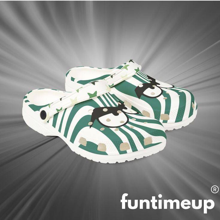 2025 Crocs Foam Rubber Clogs - Playful Green Stripes with Cute Characters 2