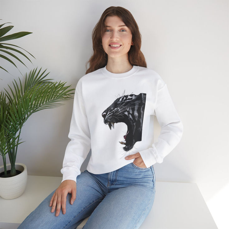Roaring Panther Unisex Crewneck Sweatshirt - Fierce Animal Graphic, Heavy Blend™