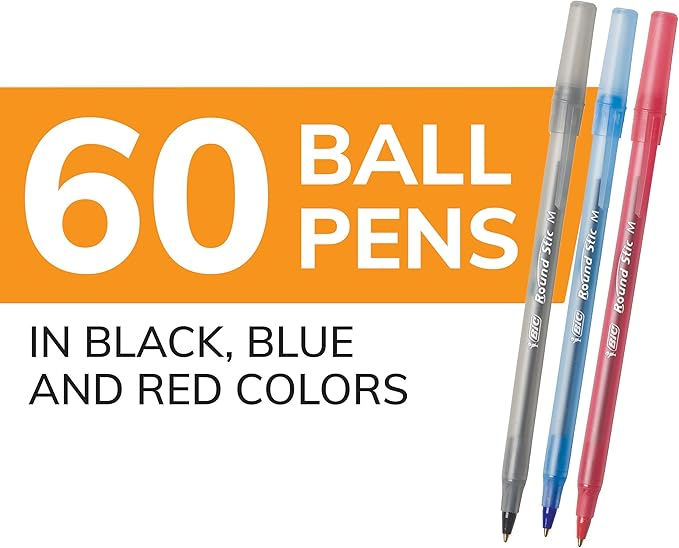 BIC Round Stic Xtra Life Assorted Ink Ballpoint Pens, Medium Point (1.0mm), 60-C 2
