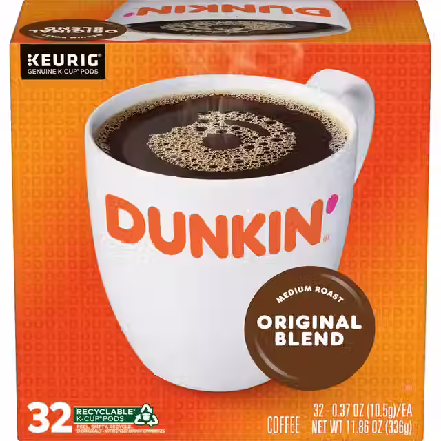 Dunkin' Original Blend Coffee, Medium Roast, Keurig K-Cup Pods, 32 Count Box