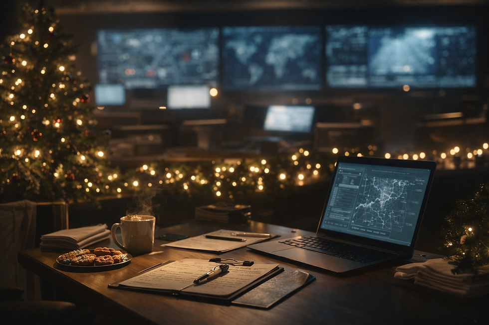 A cinematic Christmas Eve planning scene with subtle holiday décor and catering details, setting the tone for a holiday story.