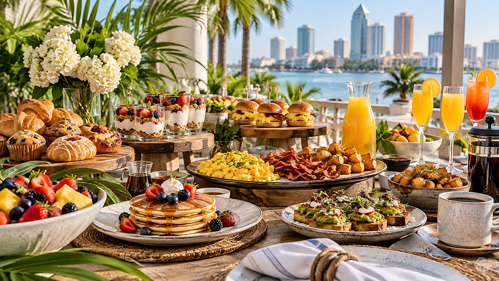 Breakfast and brunch catering spread with pancakes, eggs, pastries, fruit, parfaits and coffee on a sunny waterfront terrace.