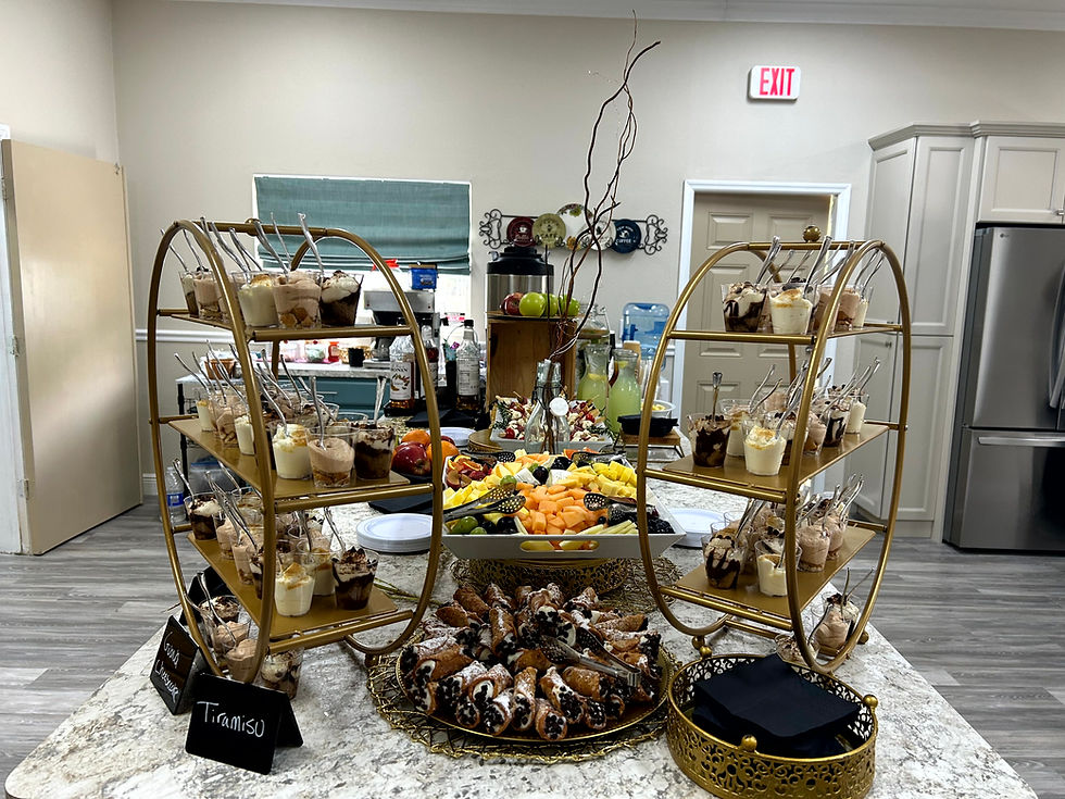 Elegant dessert and fruit display by A Fresh Connection Catering for a Celebration of Life in St. Petersburg, Florida.