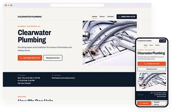 Example plumbing website for a sample business, shown on a laptop and a phone