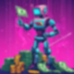 synthwave robot holding money with an arrow in the background going up.jpg