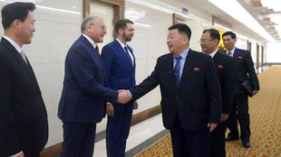 The Russian Ambassador to the DPRK bids farewell to the Supreme People's Assembly delegation at the airport. The delegation is led by Comrade Ri Chol, Director of the Medical Science Institute and Chairman of the DPRK-Russia Friendship Parliamentary Group.