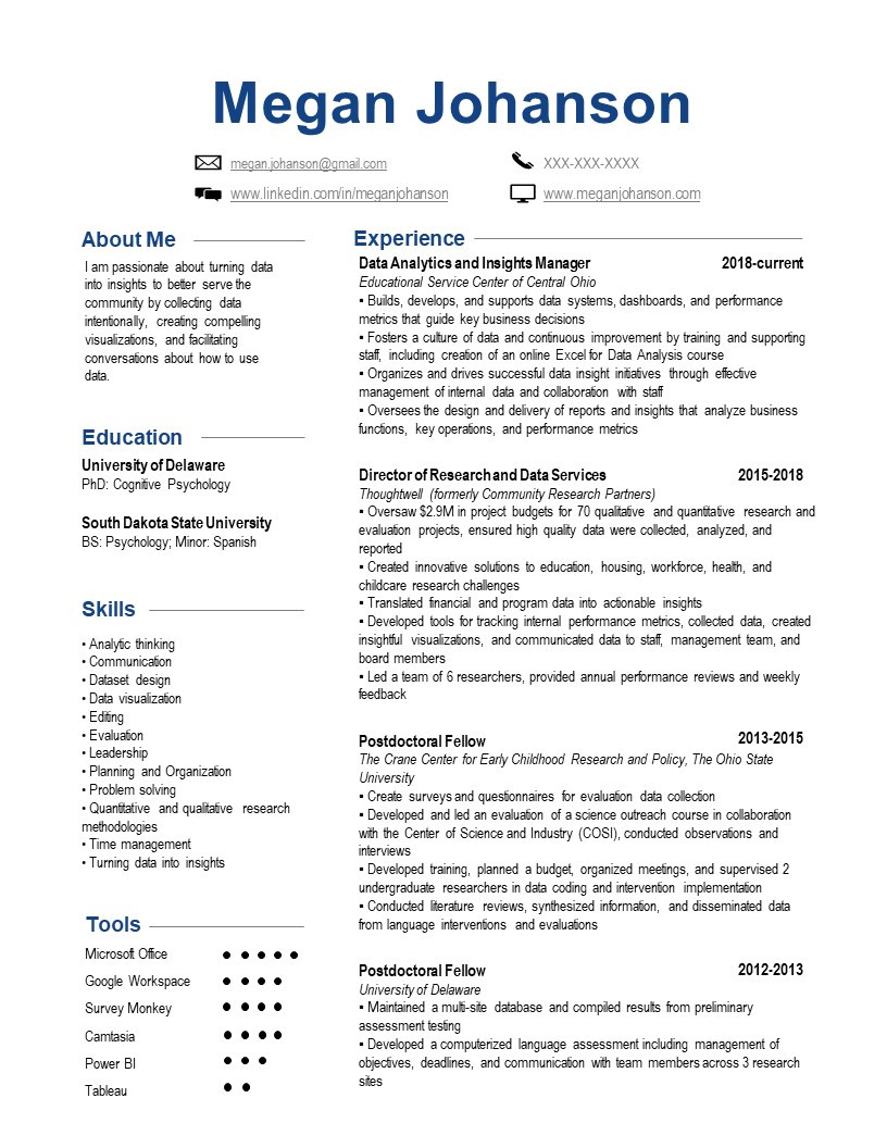 My revised resume with a dark blue font for the section headers, more white space between sections, and it is reduced to one page.