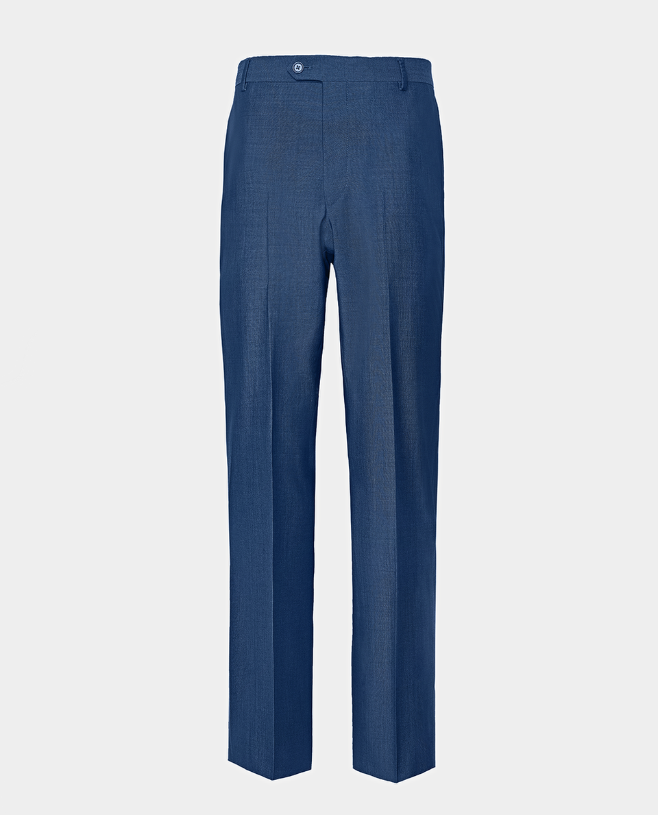 A mid-blue dress pants, non pleated, slim leg profile ghost shot on a light grey background.