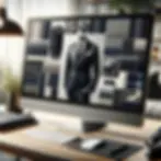 A computer screen displaying a virtual design board featuring a black tuxedo with matching accessories, fabrics, and color swatches, evoking luxury and customization.