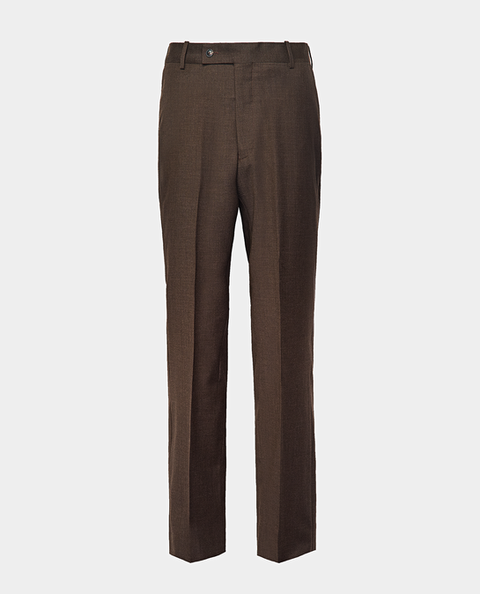A brown dress pants, non pleated, slim leg profile ghost shot on a light grey background.