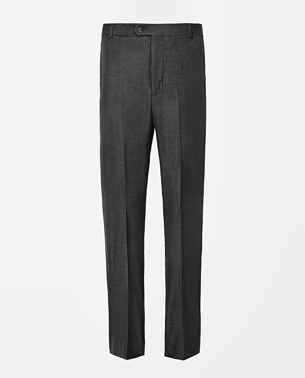 A grey dress pants, non pleated, slim leg profile ghost shot on a light grey background.