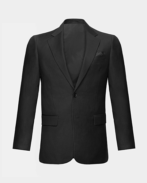 Black Sharkskin Notch Lapel Suit ghost shot on a light grey background.