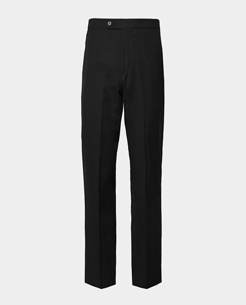 A black tuxedo pants, non pleated, slim leg profile ghost shot on a light grey background.