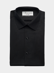 Black dress shirt with a spread collar and convertible button closure (placket & cuffs).