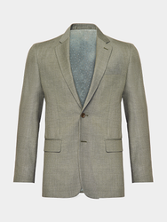 A sage heather suit jacket with notch lapels ghost shot on a light grey background.