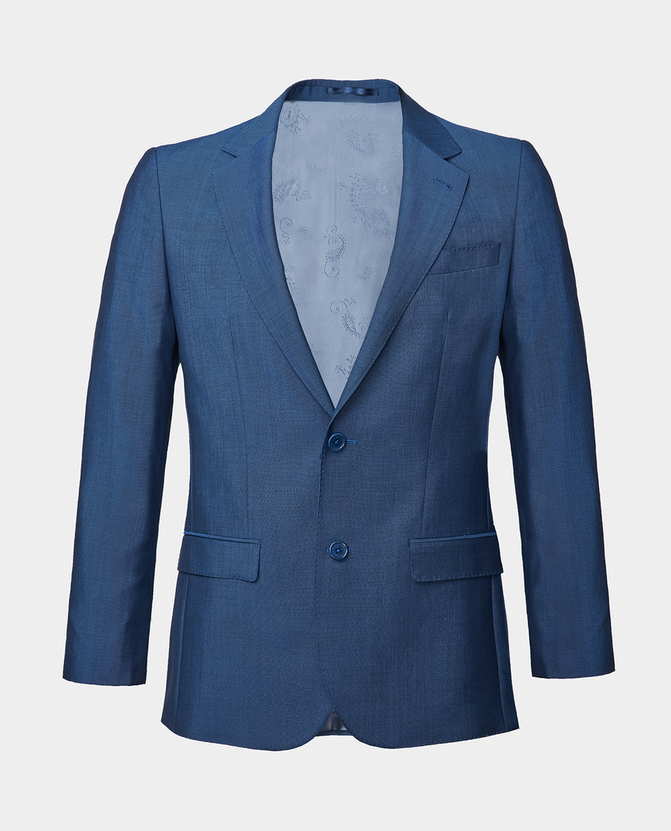 A mid-blue suit jacket with notch lapels ghost shot on a light grey background.