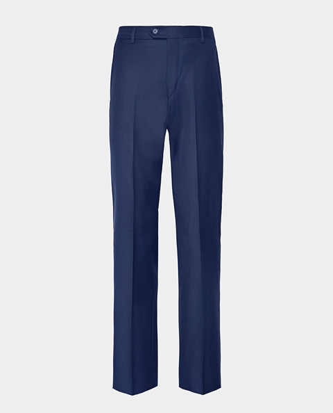 A cobalt blue dress pants, non pleated, slim leg profile ghost shot on a light grey background.