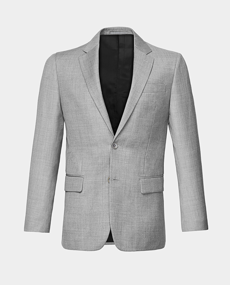 A light grey suit jacket with notch lapels ghost shot on a light grey background.