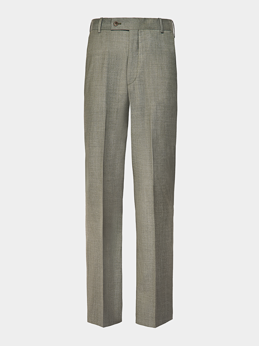A sage heather dress pants, non pleated, slim leg profile ghost shot on a light grey background.