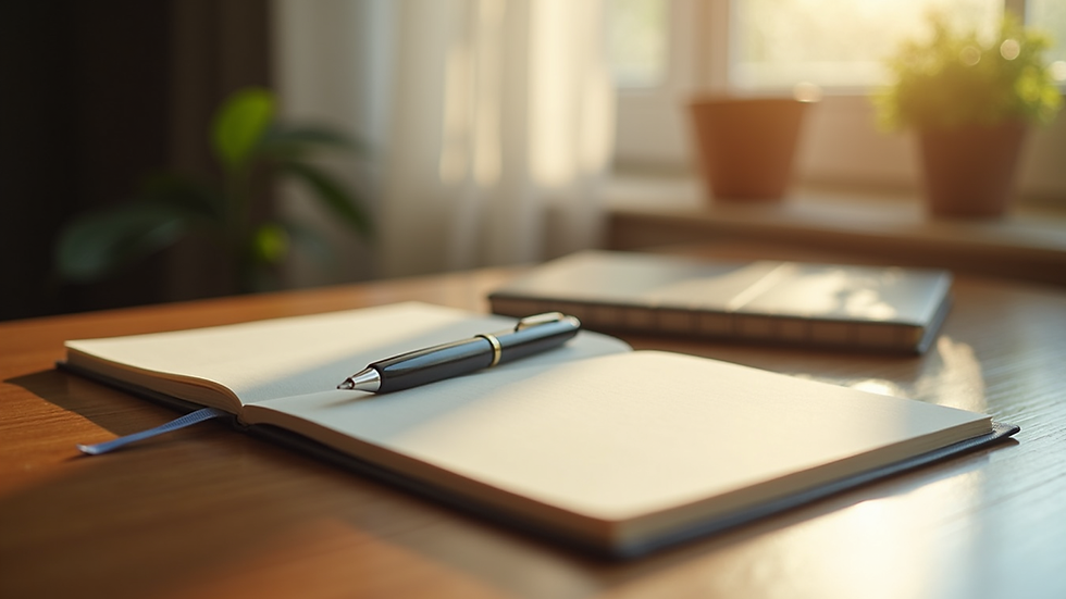 Close-up view of a journal and pen on a wooden desk with morning sunlight