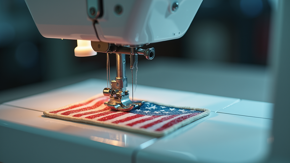 Eye-level view of a sewing machine stitching a custom patch