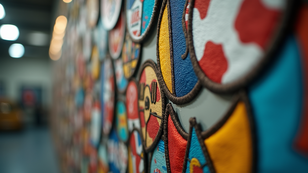 Vue au niveau des yeux d'une collection de patchs personnalisés colorés affichés sur un mur