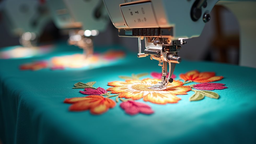 High angle view of a vibrant embroidery machine in action