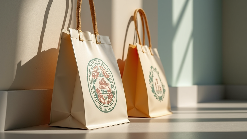 Eye-level view of eco-friendly tote bags with custom designs