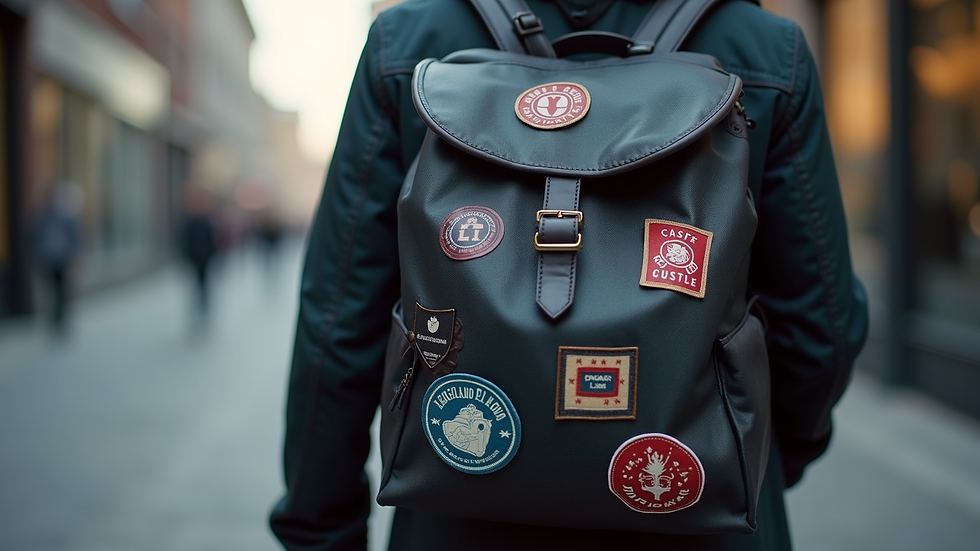 Eye-level view of a backpack with multiple custom PVC patches attached