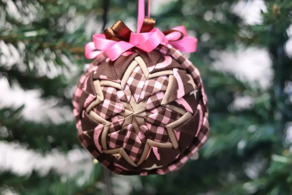 Brown & Pink Gingham Quilted Ornament – 3" Handmade Fabric Keepsake