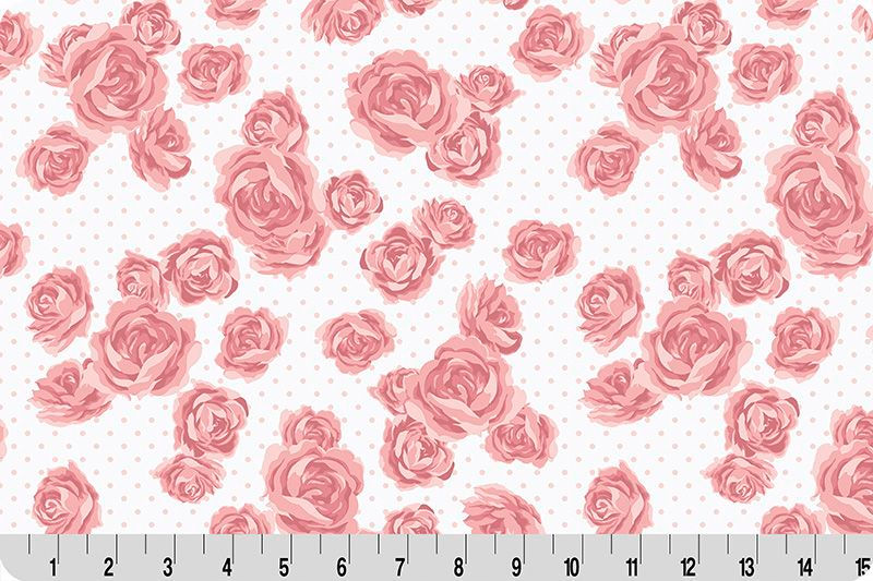 Cottage Rose Lane Mayfair Quilting Cuddle fabric with pink roses on white background