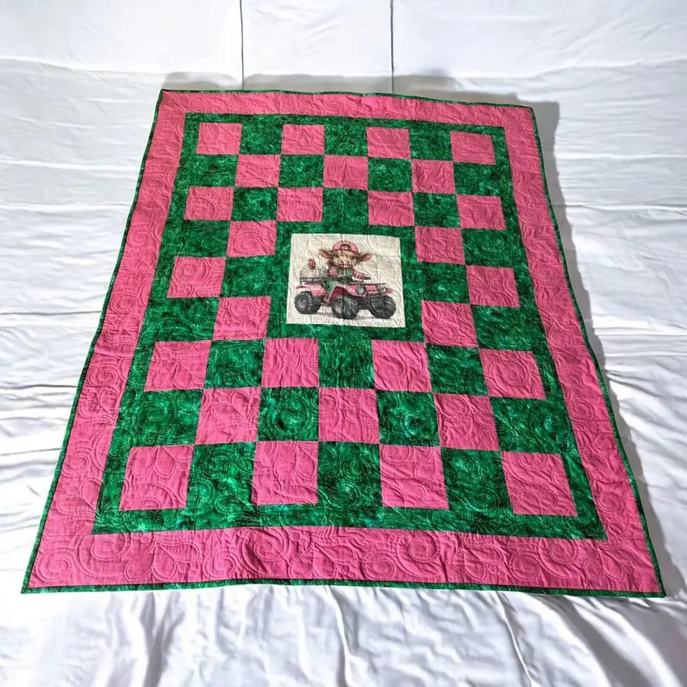 Thumbnail: Highland Cow on a Four-Wheeler Panel Unique Heirloom Quilt