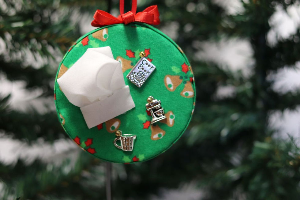 Whimsical chef’s hat quilted ornament with cookbook, mixer, and holiday fabric