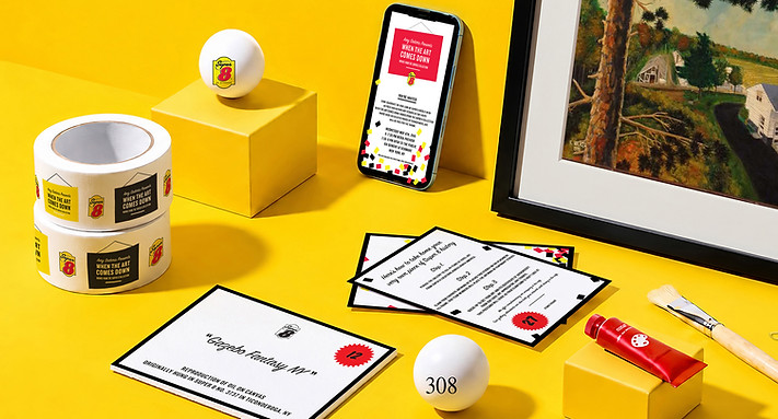 An array of objects from the Super 8 art event, arranged on a yellow background