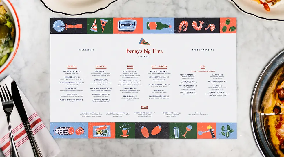 An image of the restaurant's placemat menu on a marble table