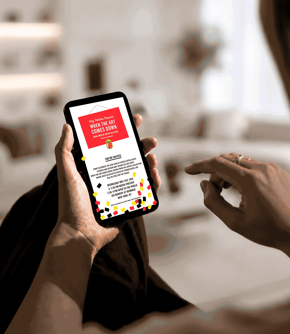 The digital event invitation animates on an iPhone