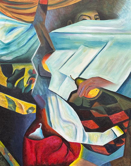 Original painting, Abstract Henry, where Rousseau-like excerpts and vibrant patterns merge—woven into a bold, abstract composition that pulses with expressive energy. Abstract Henry uses its distinct composition techniques, color usage, and artistic characteristics to create a visually engaging and thought-provoking work that challenges the viewer's perception of form and space.