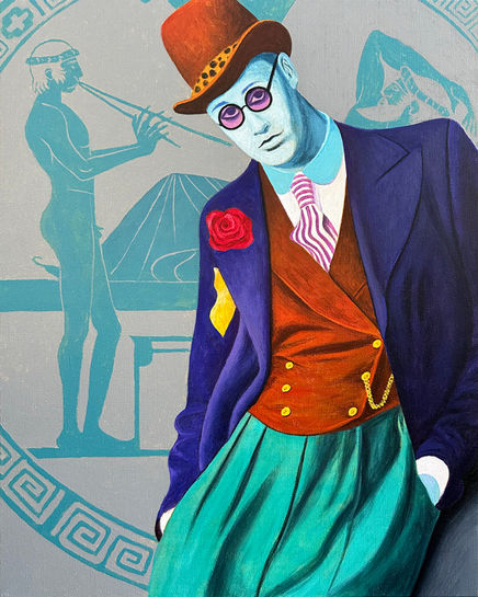 Dandy Lion – A small painting portraying a well-dressed dandy man, set against a Greek motif backdrop, exploring the fluidity of being considered a man through elegance and classical influence.
