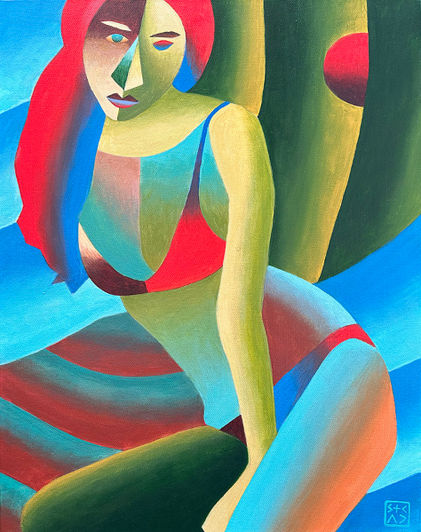 Small-format original painting, Cover Girl, where fashion meets abstraction—vibrant colors and a quasi-surreal cubistic style merge to create a striking, unconventional pose.